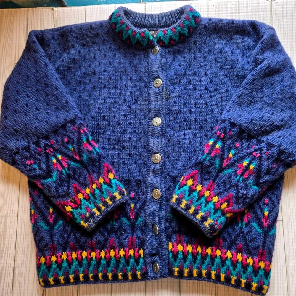 Dale of Norway Women Blue Pure New Wool Fair Isle Pewter Button Cardigan Size L - Picture 3 of 10